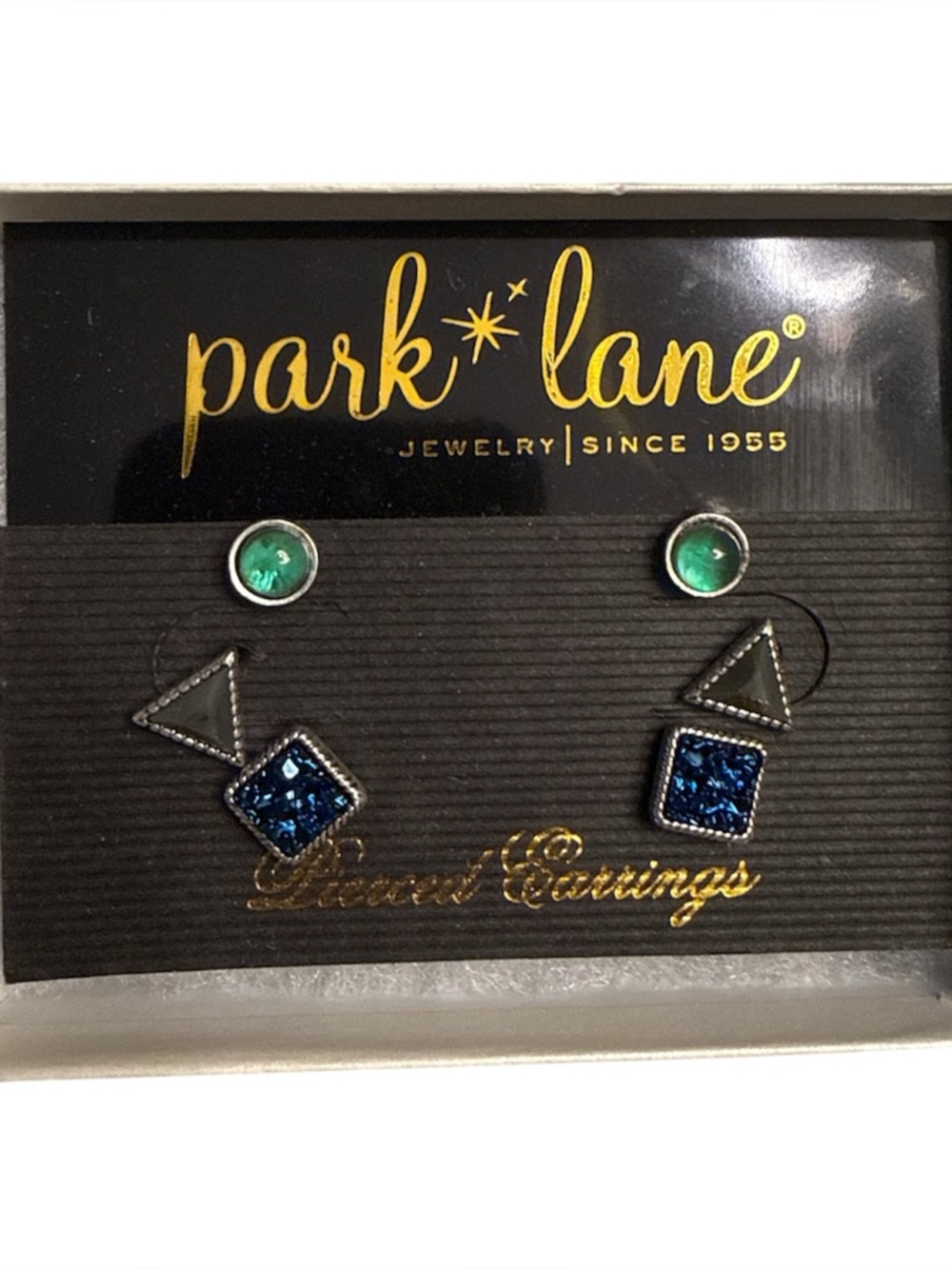 Park Lane Geometric Stud Earrings Set Silver Tone Blue Druzy Green Stone